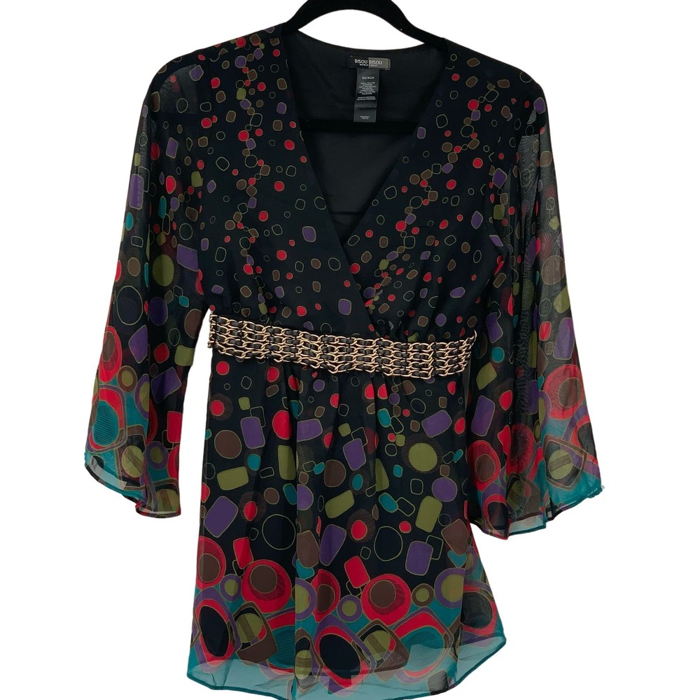 Bisou Bisou Michele Bohbot 3/4 Bell Sleeve Tunic/Top Black Multi Geometric XS